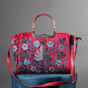 Chinar Motif Aari Embroidered Red Hand Bag