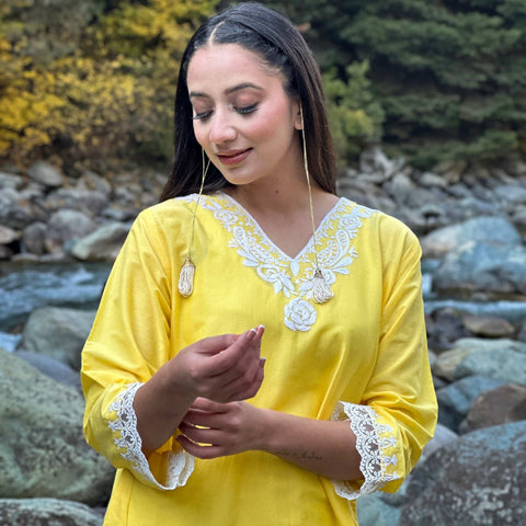 Lemon Yellow Summer Kurti | Aari Hand Embroidered