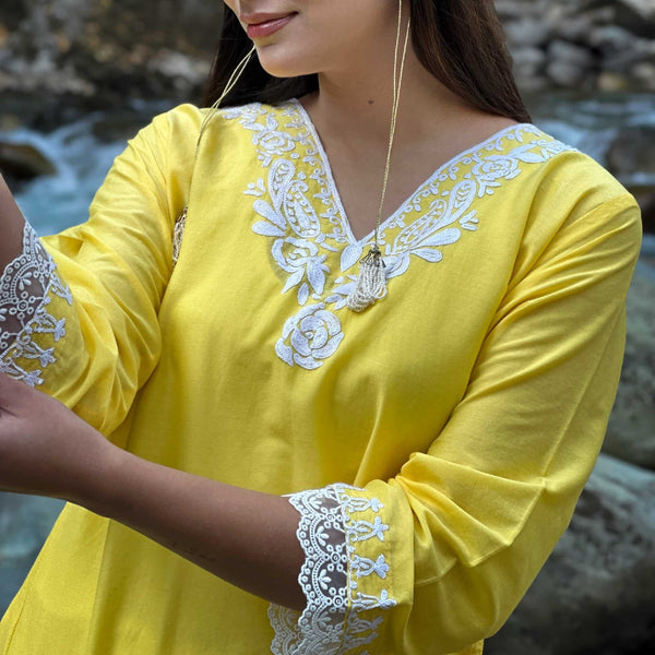 Lemon Yellow Summer Kurti | Aari Hand Embroidered