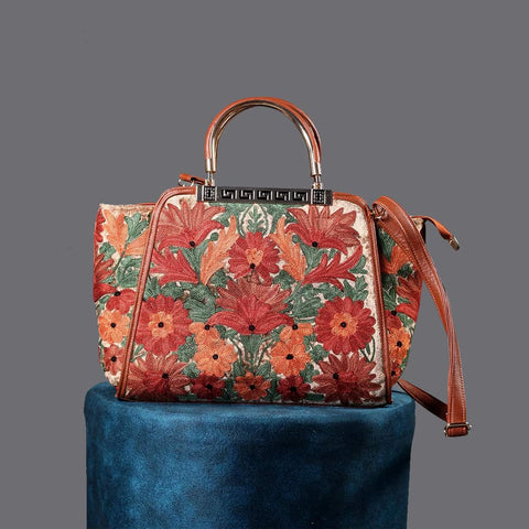 Poshkaar Design Aari Embroidered Brown Hand Bag