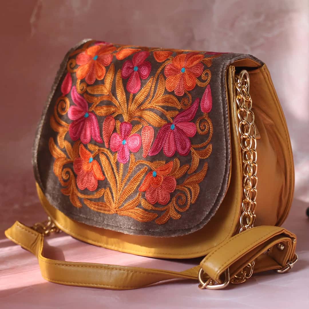 Shop Yellow and Pink Aari Embroidered Sling Bag – Treasures of Kashmir