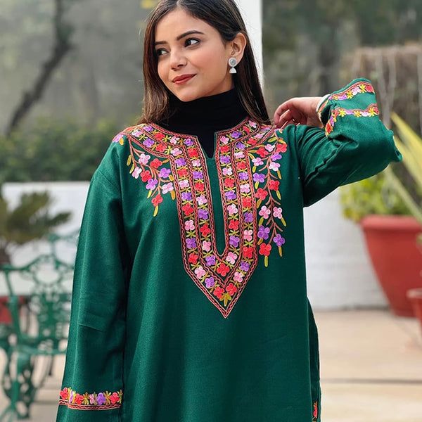 Forest Green Aari Embroidered Phiran