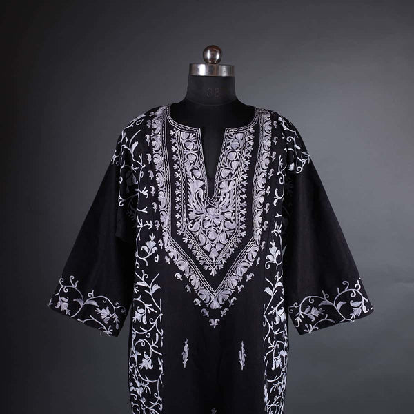Black Base White Aari Embroidery Woolen Phiran