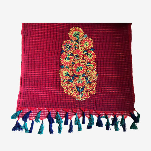 Tasselled Hand Embroidered Maroon Colored Cotton Stole