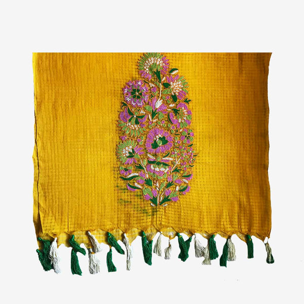 Lemon Colored Hand Embroidered Cotton Stole With Tassels
