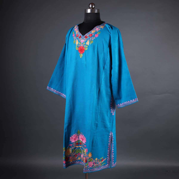 Azure Blue Aari Embroidery Woolen Phiran