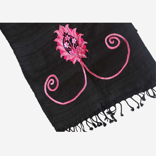Black and Pink Hand Embroidered Paldaar Silk Stole