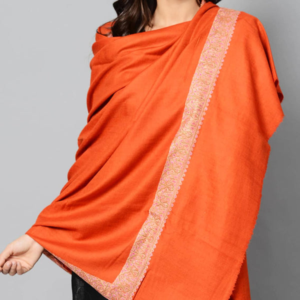 Orange Sozni Dordar Hand-Embroidered Cashmere Pashmina Shawl