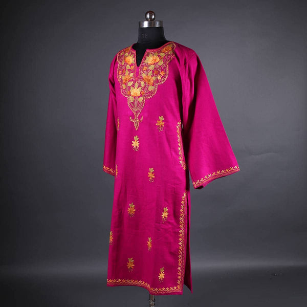 Magenta Pink Aari Embroidery Woolen Phiran