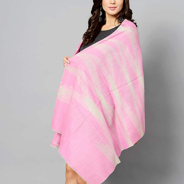 Pink and White Ikat Patterned Hand Woven Pashmina Stole