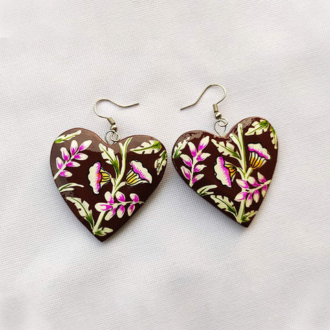 Brown Floral Hand Painted Heart Paper Mache Earrings