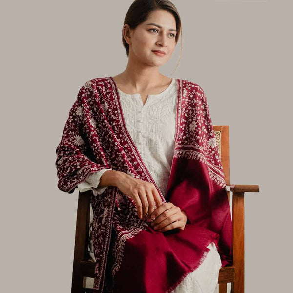 Maroon Sozni Pashmina | Hand Embroidered