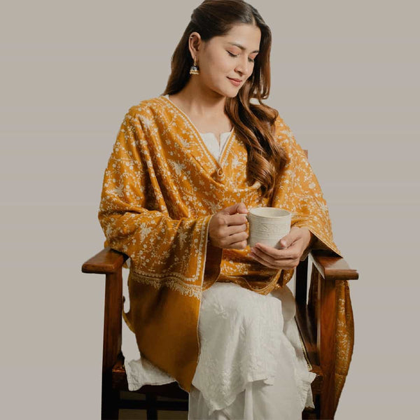 Mustard Sozni Pashmina Stole | Hand Embroidered