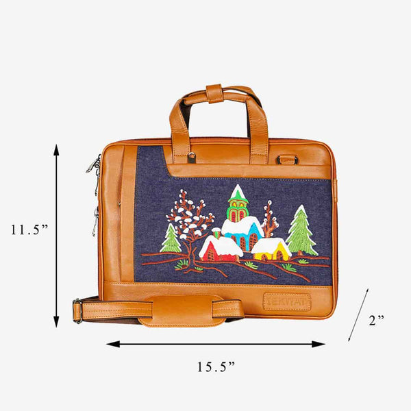 Snow Embroidered Tan Base Designer Laptop Bag