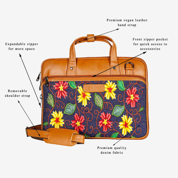Floral Embroidered Tan Base Ladies Laptop Bag