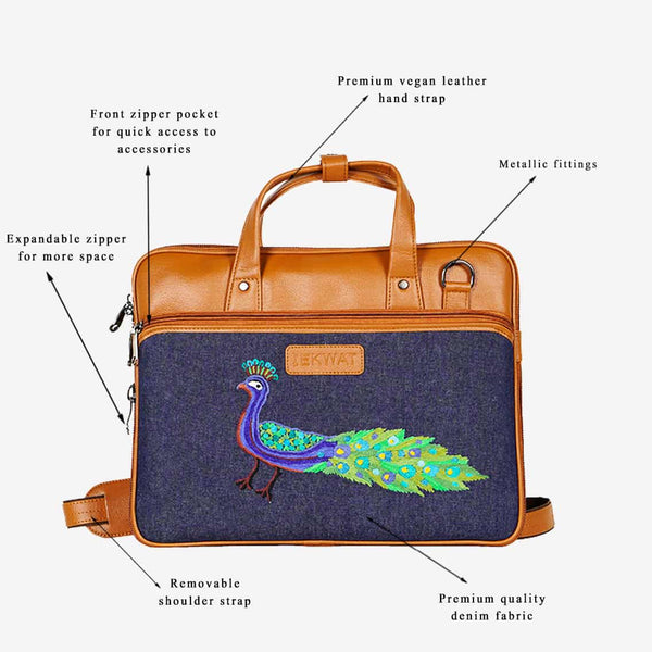 15 Inch Peacock Embroidered Faux Leather Laptop Bag
