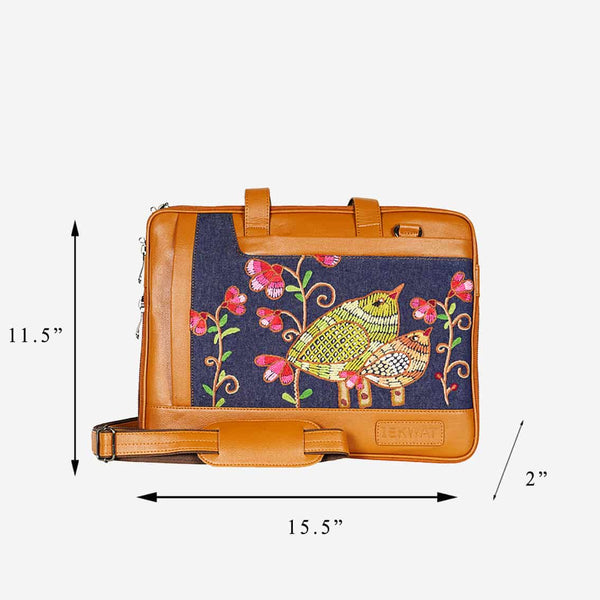 Birds & Flowers Embroidered Tan Base Designer Laptop Bag