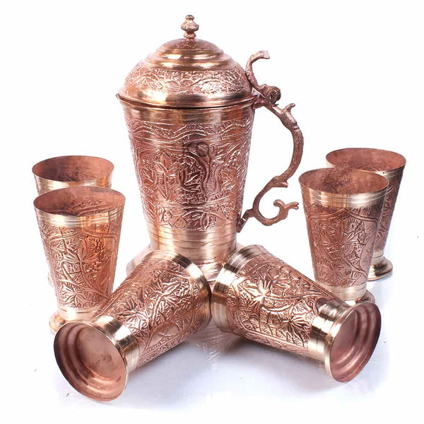 Kashmiri Copper Jug Set With 6 Glasses
