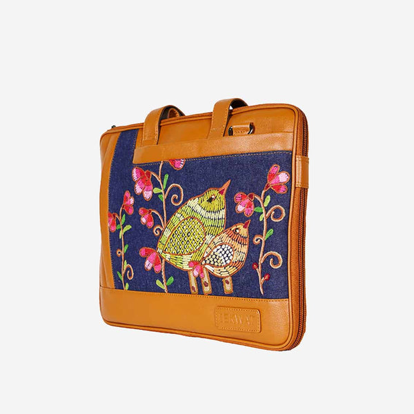 Birds & Flowers Embroidered Tan Base Designer Laptop Bag