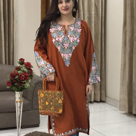 Rust-Toned Pheran with Chinar Embroidery on Neck & Sleeves