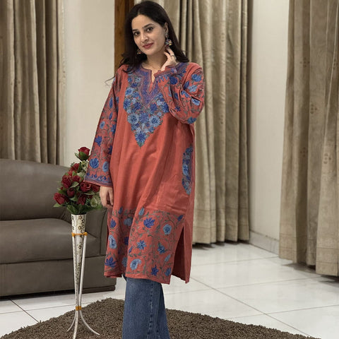 Peach Aari-Embroidered Hem and Sleeve Design Pheran