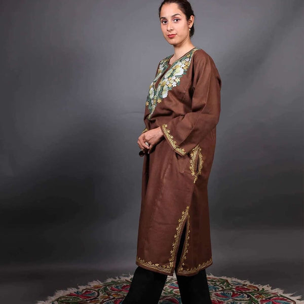 Brown Kashmiri Phiran with Floral Embroidery
