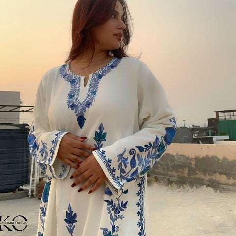 White & Blue Aari Embroidered Pheran with Floral Bottom Design