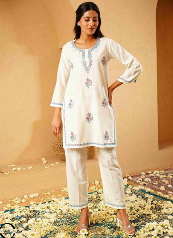 White Kashmiri Co-ord Set with Blue Hand Sozni Bootidaar Embroidery