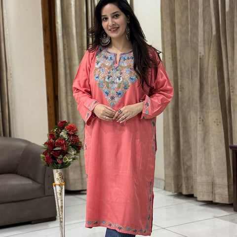 Pink Kashmiri Pheran with Aari Embroidery
