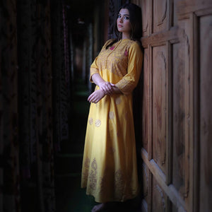 Mustard Ethnic Dress | Aari Hand Embroidered