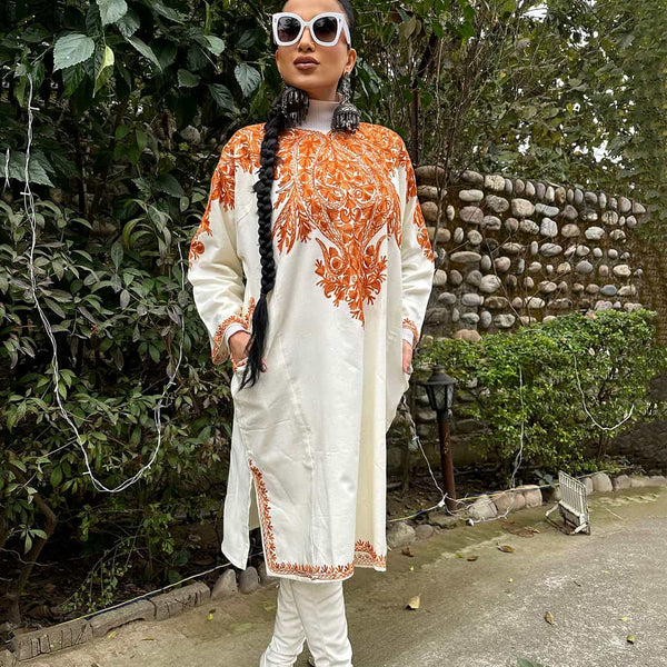 White Base Floral Design Aari Embroidered Pheran with Front & Back Work