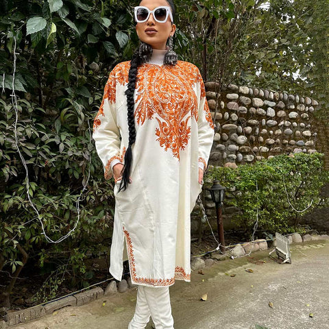 White Base Floral Design Aari Embroidered Pheran with Front & Back Work