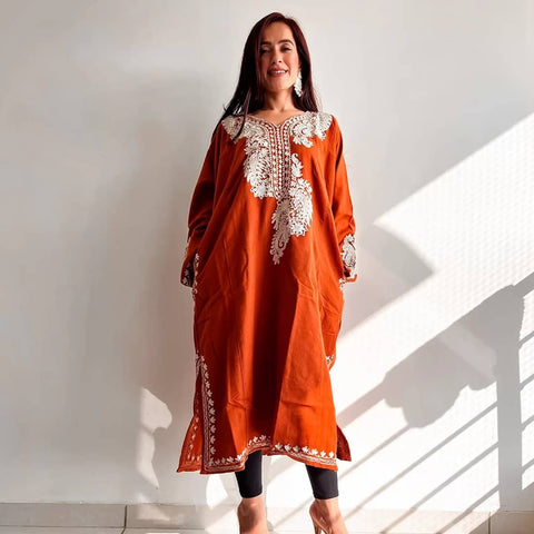Zari Neck Embroidery Rust Kashmiri Pheran