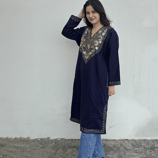 Navy Blue Contemporary Aari Embroidered Pheran