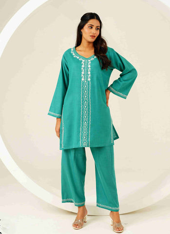 Hand-Embroidered Sozni Co-ord Set in Jungle Green with Front Jaali Detailing