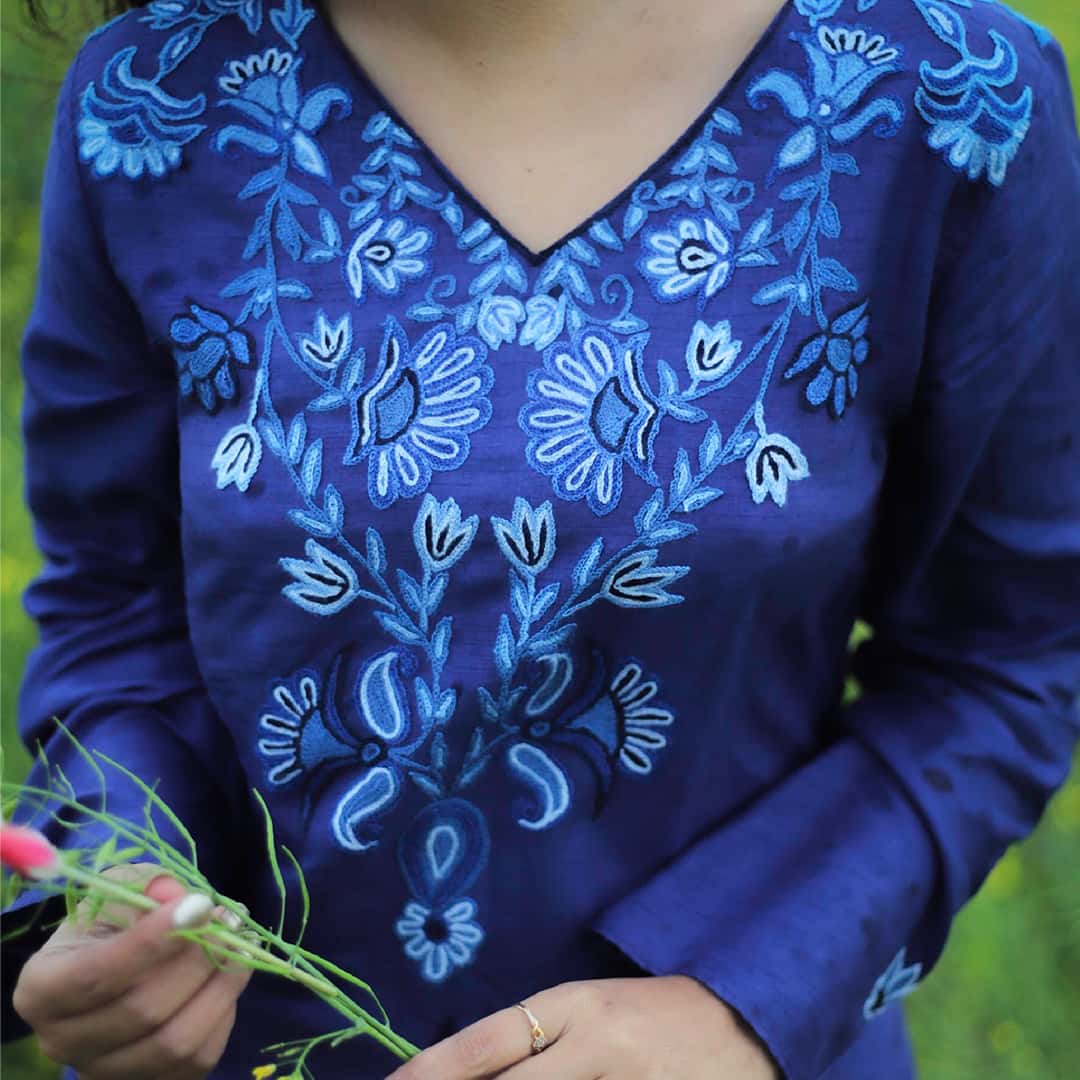 Oxford Blue Summer Kurti | Aari Hand Embroidered