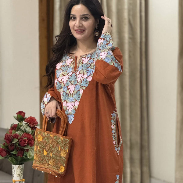 Rust-Toned Pheran with Chinar Embroidery on Neck & Sleeves