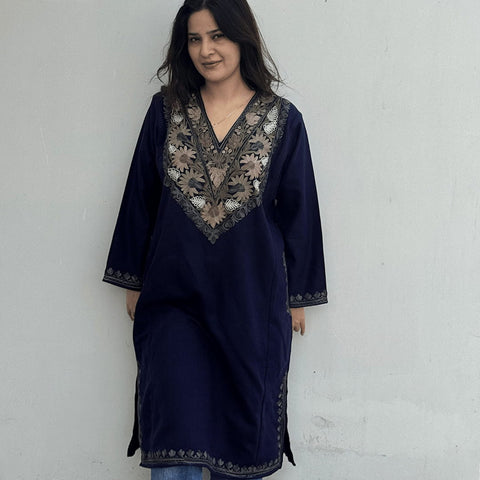 Navy Blue Contemporary Aari Embroidered Pheran