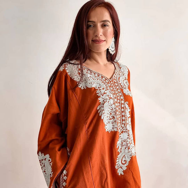 Zari Neck Embroidery Rust Kashmiri Pheran