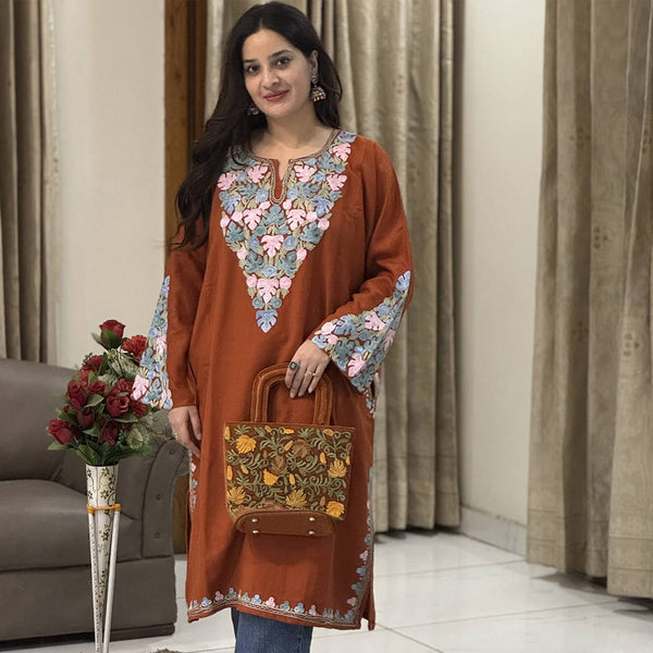 Rust-Toned Pheran with Chinar Embroidery on Neck & Sleeves