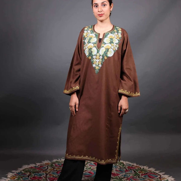 Brown Kashmiri Phiran with Floral Embroidery