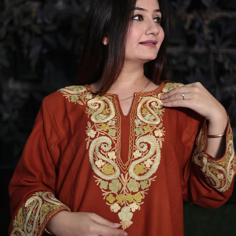 Rust Kashmiri Phiran with Badam Aari Embroidery