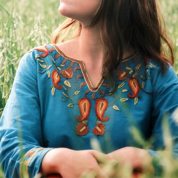 Teal Summer Kurti | Aari Hand Embroidered