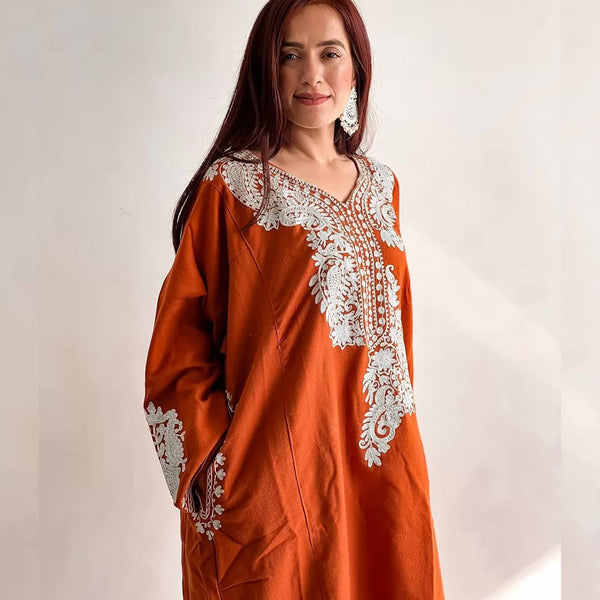 Zari Neck Embroidery Rust Kashmiri Pheran