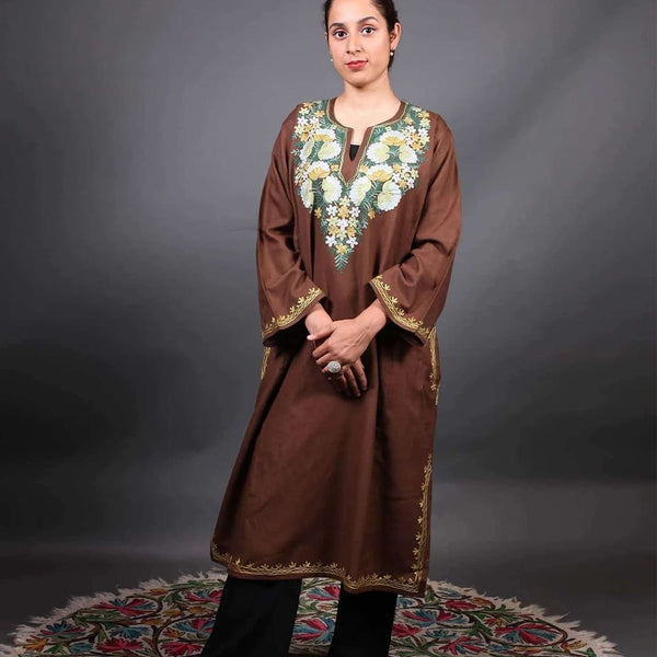 Brown Kashmiri Phiran with Floral Embroidery