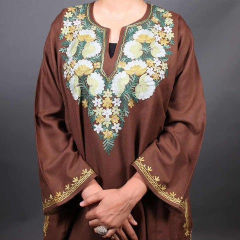 Brown Kashmiri Phiran with Floral Embroidery