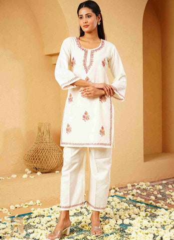 Bootidaar White Kashmiri Co-ord Set | Hand-Embroidered