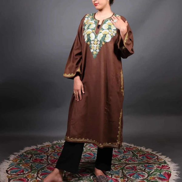 Brown Kashmiri Phiran with Floral Embroidery