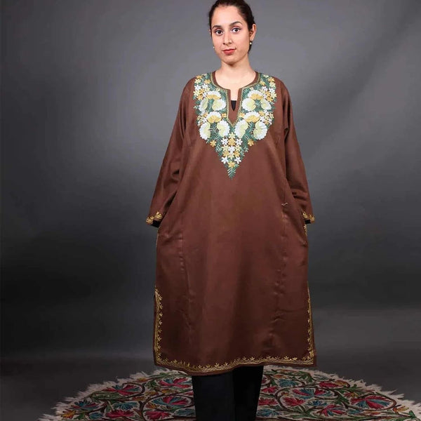 Brown Kashmiri Phiran with Floral Embroidery