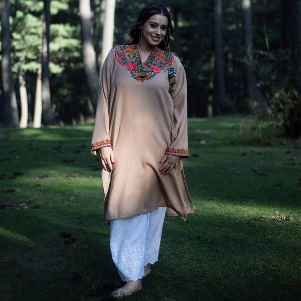 Autumn Beige Pheran | Hand Embroidered